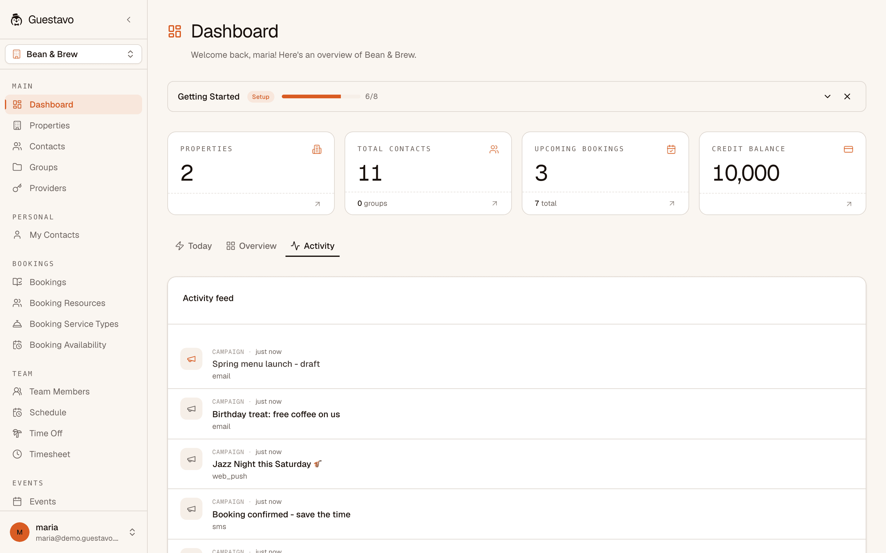 Guestavo-Dashboard — Aktivität